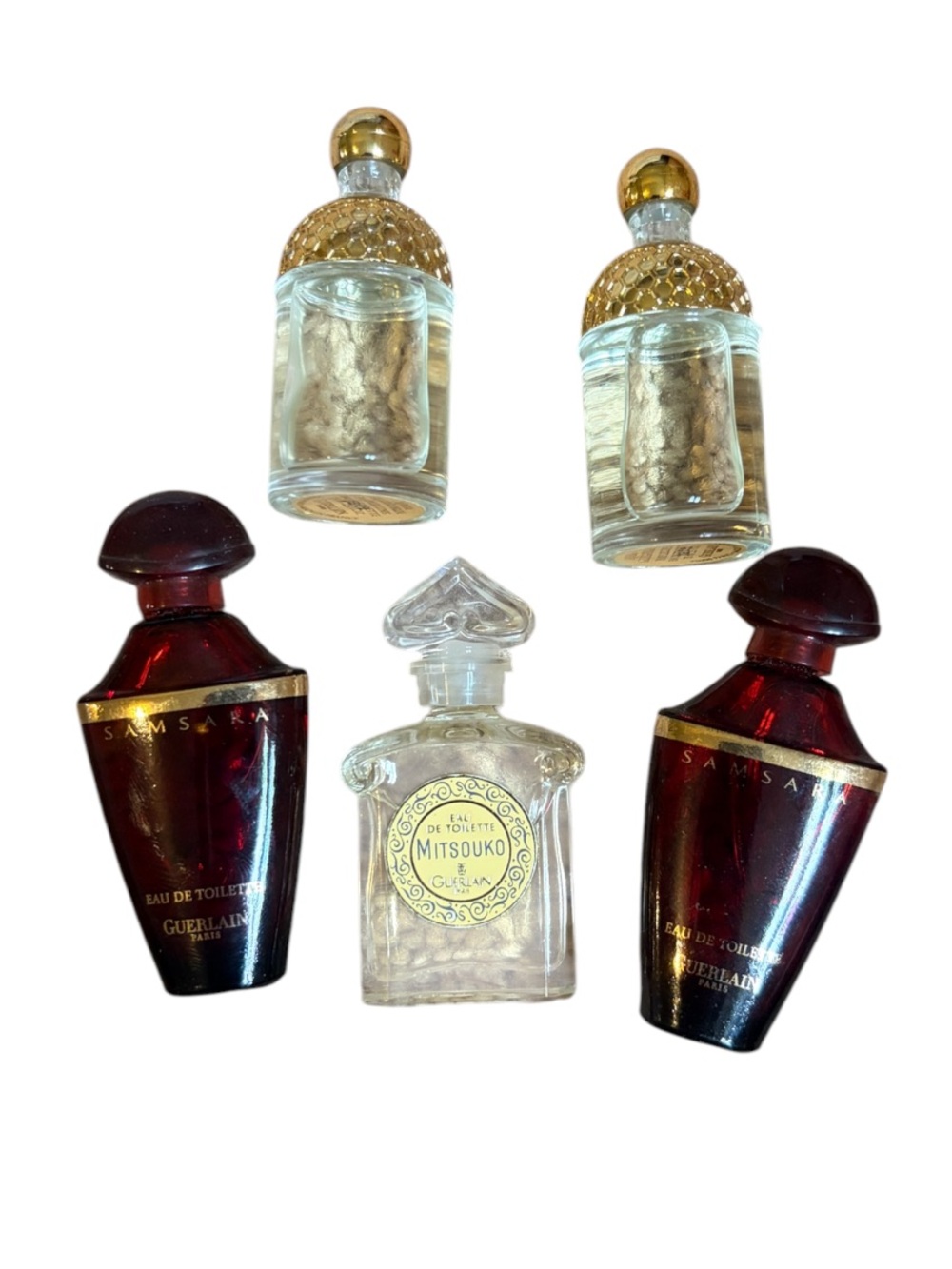 GUERLAIN Mini Perfume Bottle Set - Burgundy, Clear & Gold Accents